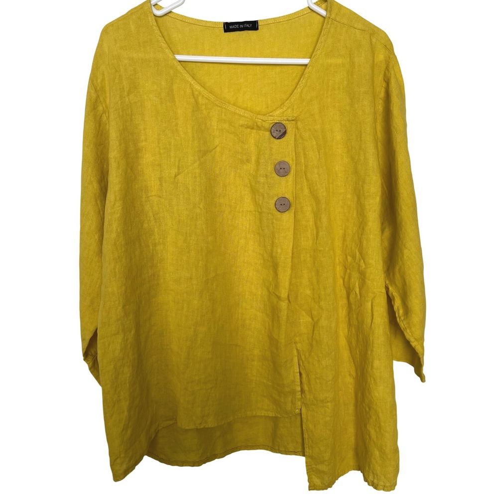 Womens L-XL 100% Linen Top Made in Italy Mustard Yellow Asymmetric Hem Lagenlook
